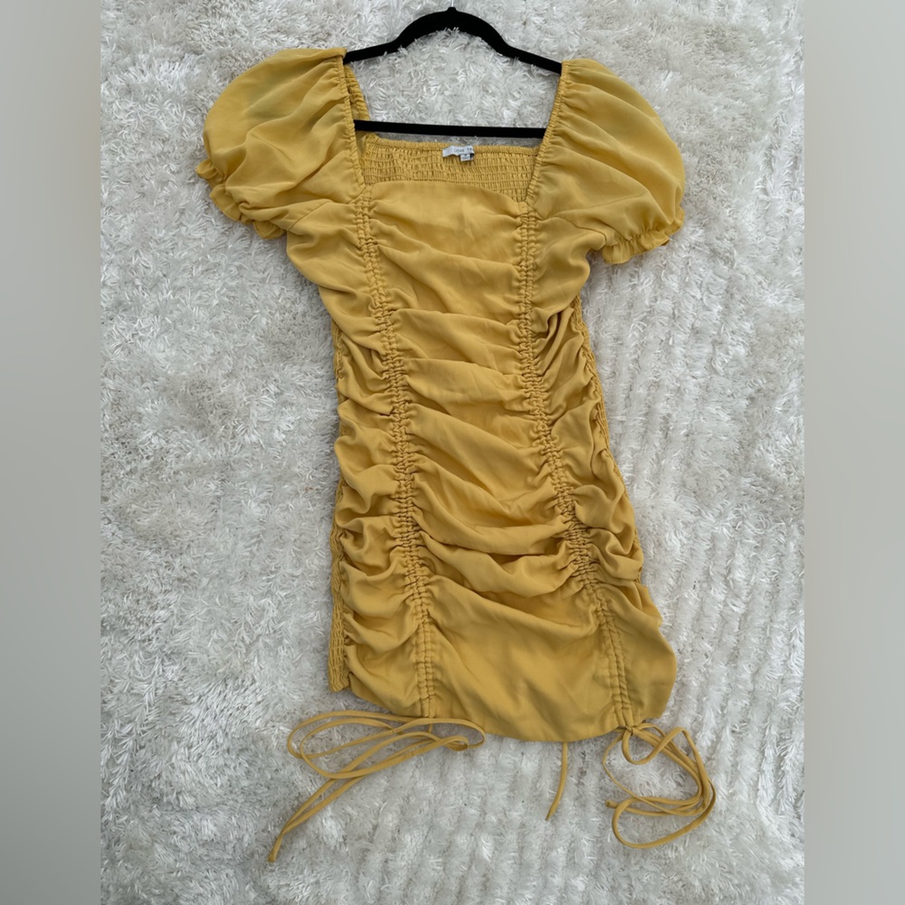 Yellow Ruched Dress with Puff Sleeves